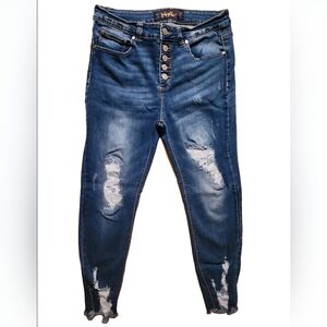 Indigo Rein Distressed Jeans Button Fly Medium Wash High Rise Raw Hem Stretch